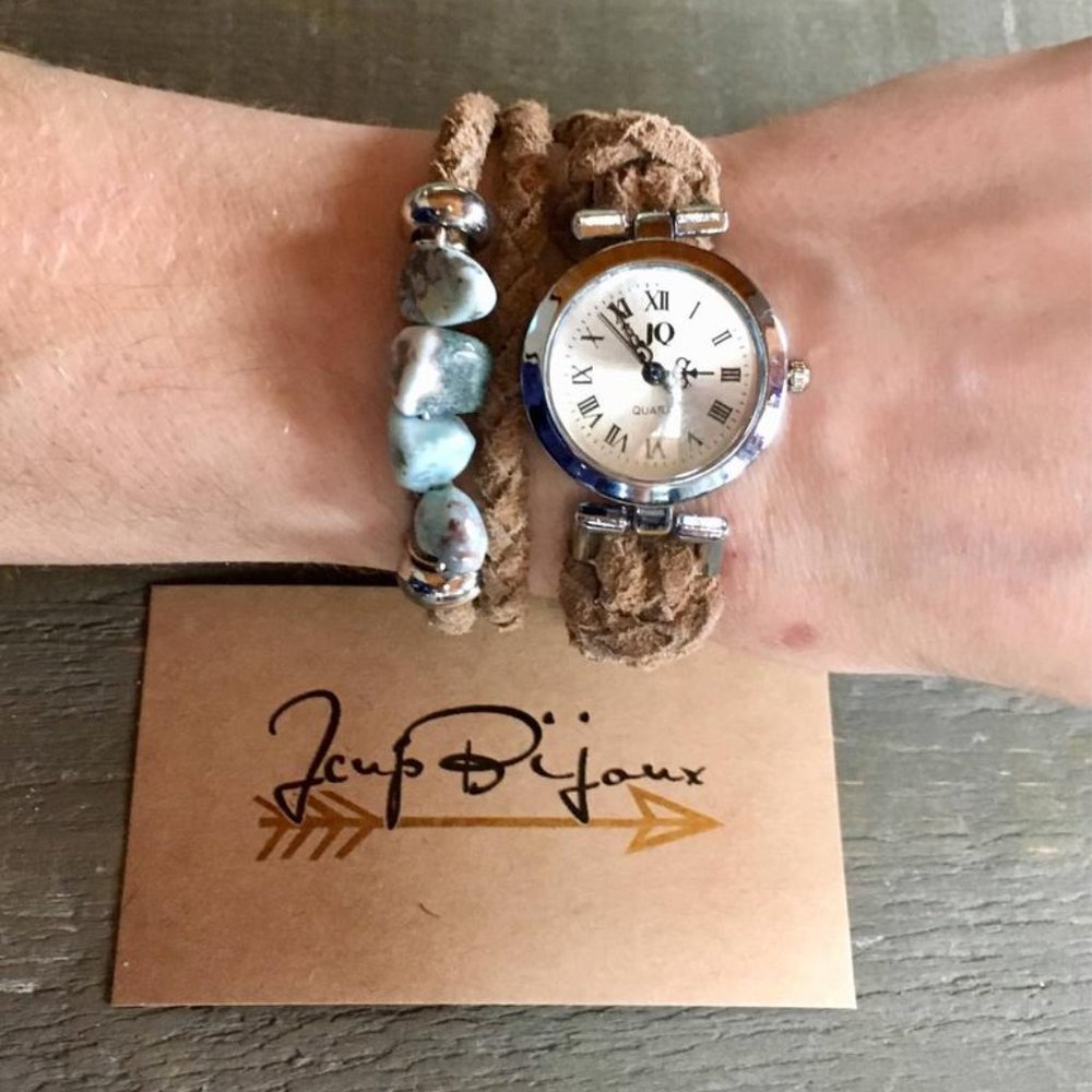NWOT Braided Leather & Amazonite Stones Watch.